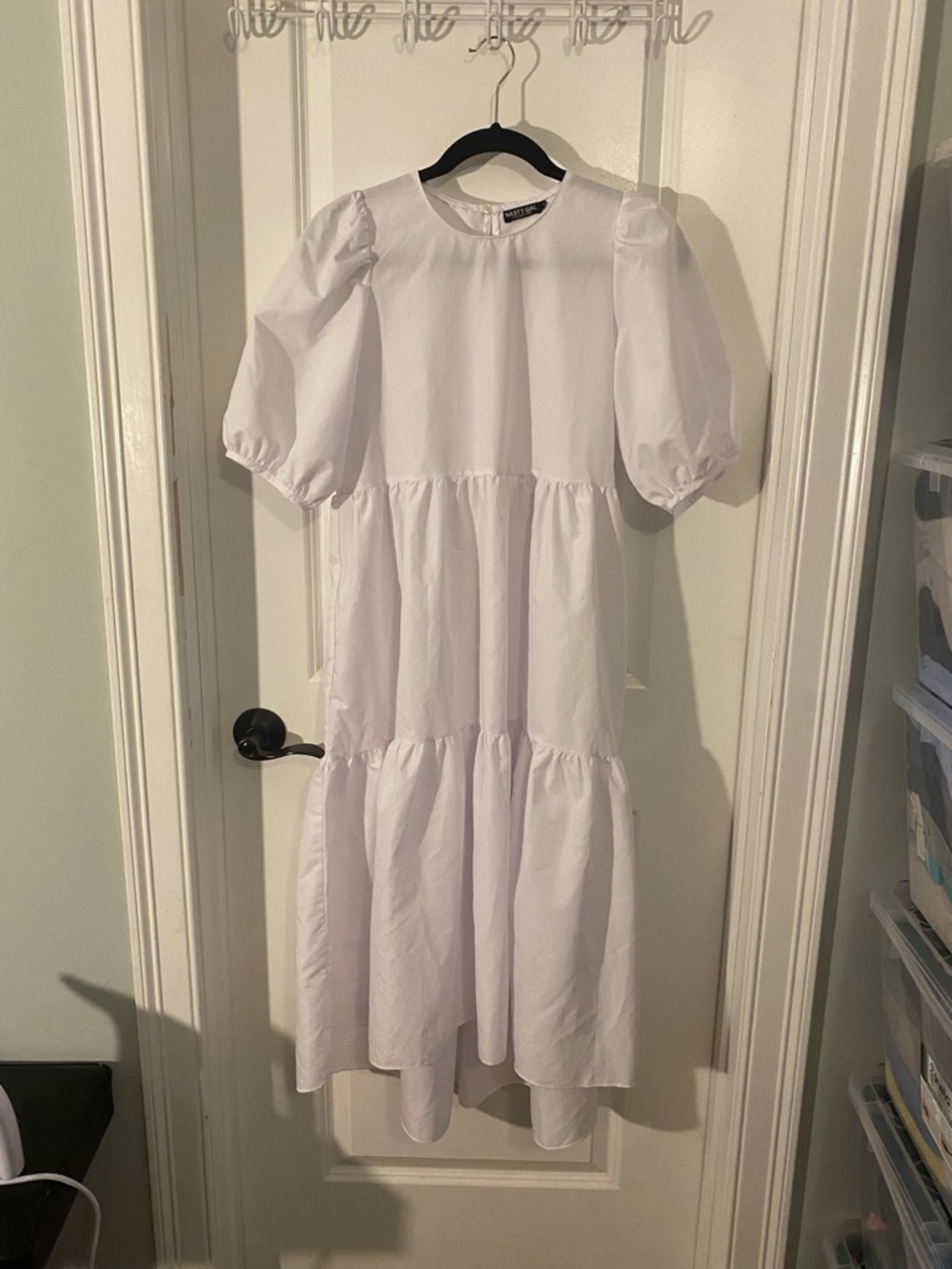 Nasty Gal White Puff-Sleeve Tiered Midi Dress
